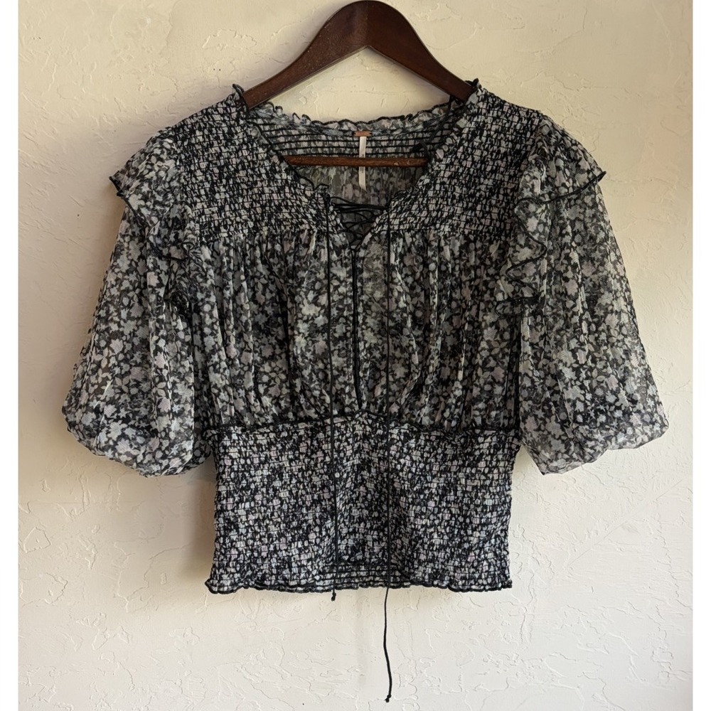 Free People Beatrice Top L NWT Sheer Floral Mesh Milkmaid Crop Whimsigoth Fairy
